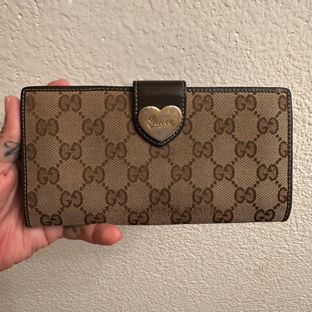 Gucci Tan and Brown Monogram Wallet with Heart Accent
